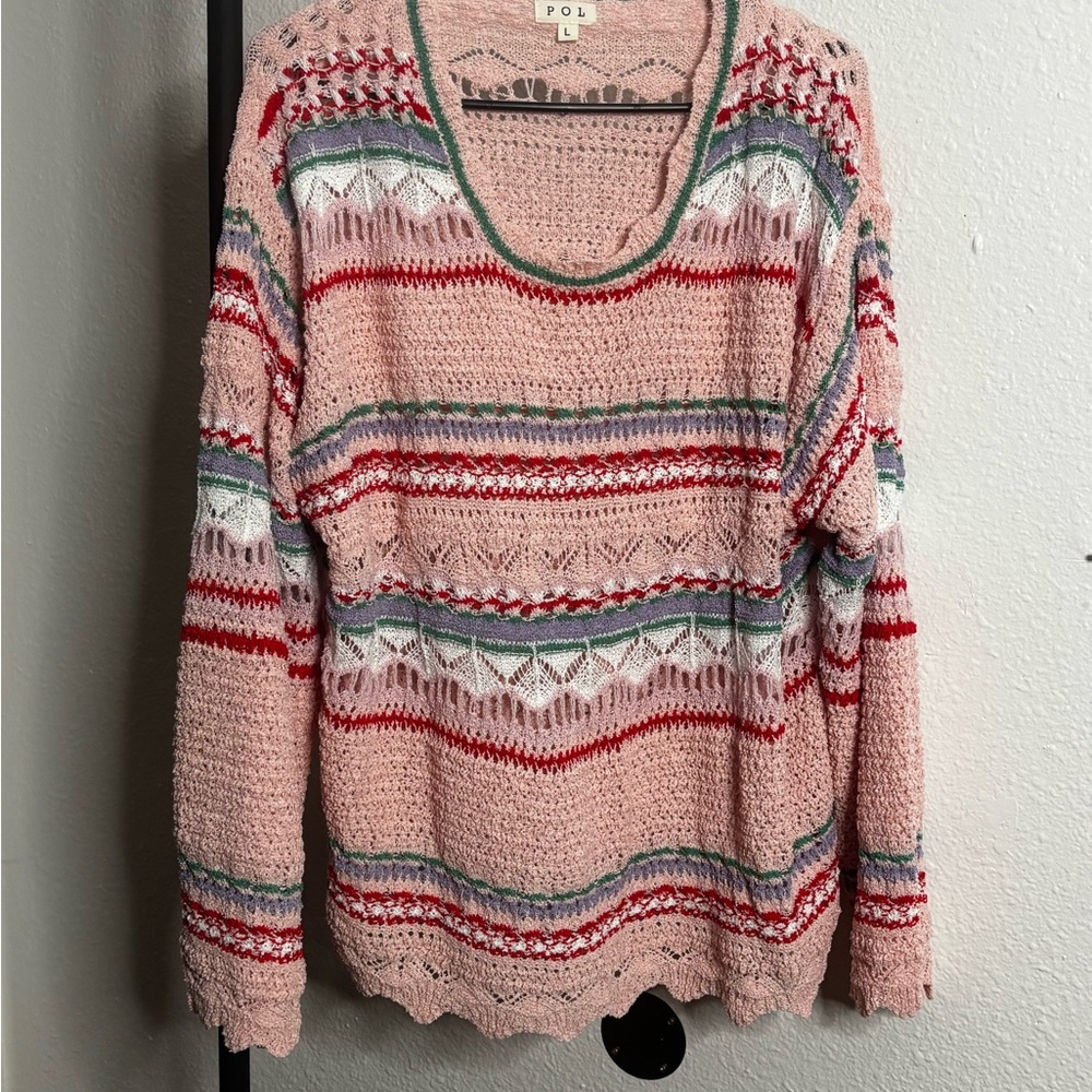 POL Pink and Red Crew Neck Sweater with Fair Isle Pattern